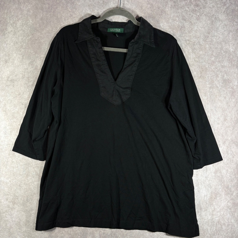 Lauren Ralph Lauren Top Womens 2X Black V-Neck Polo 3/4 Sleeve Cotton Casual